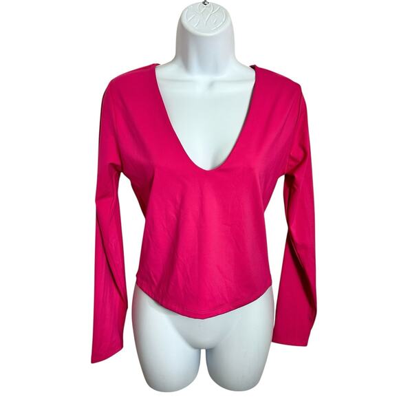 Forever 21 Contour Sculpt Shape V-Neck Long-Sleeve Crop Top Sz Large Pink New - Picture 2 of 8